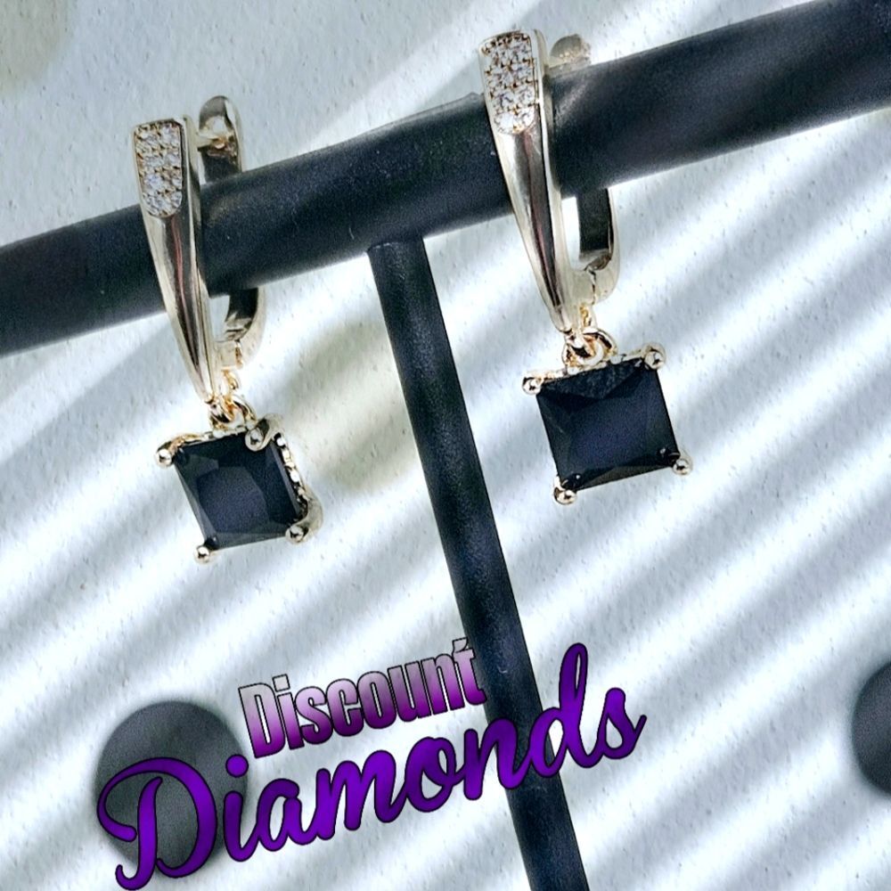 Black Sapphire and White Baguette Diamond Stud Earrings 18K Gold on 925 Silver